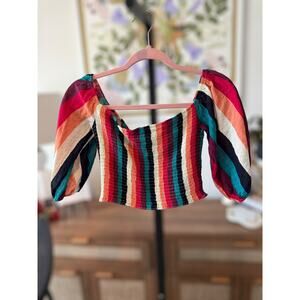 TCEC Smocked Striped Puff Sleeve Pullover Crop Top Multicolor Womens Size Small